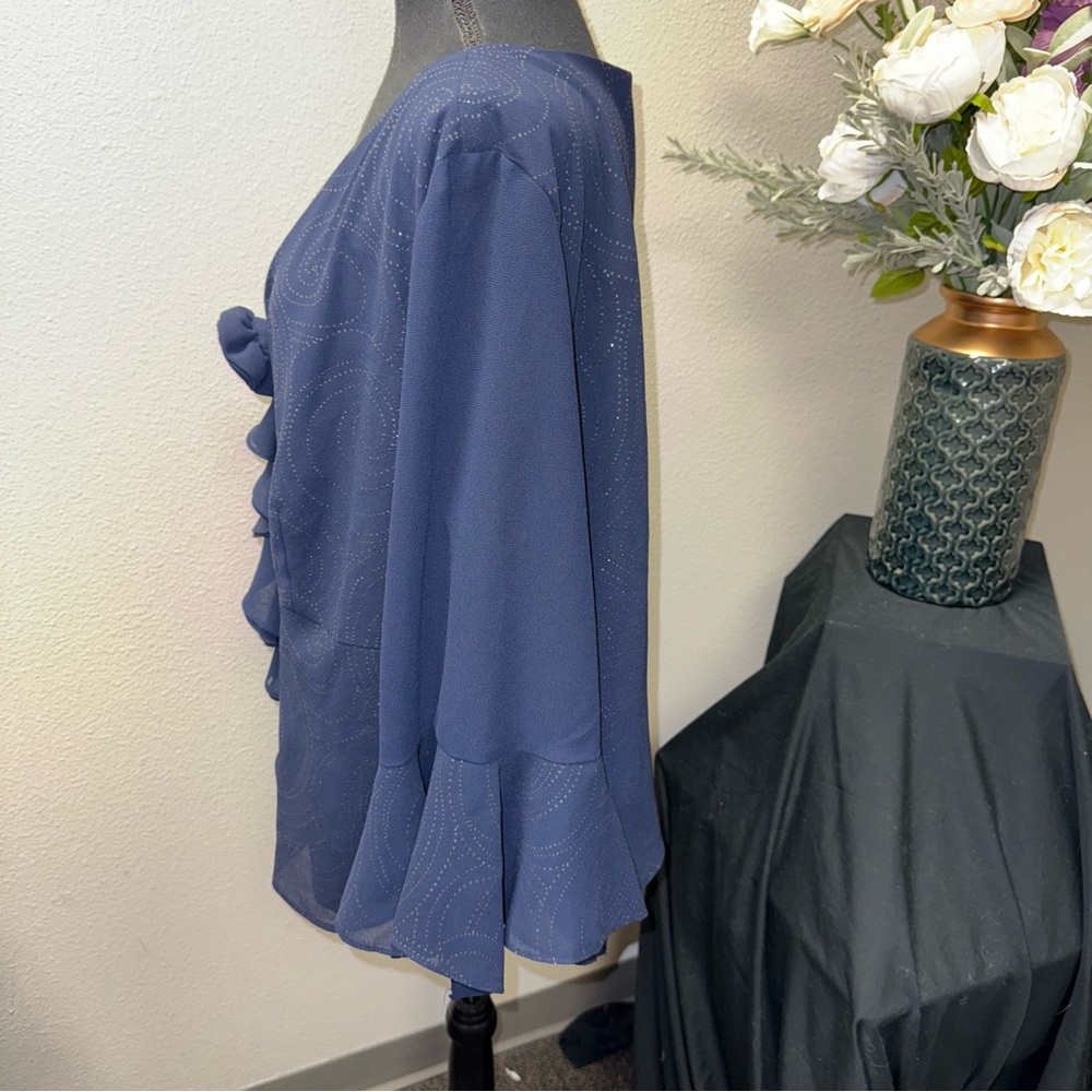 Dana Kay Navy Sheer Ruffle Blouse Rosette Front 3/4 Sleeve Plus 24W - Picture 2 of 7